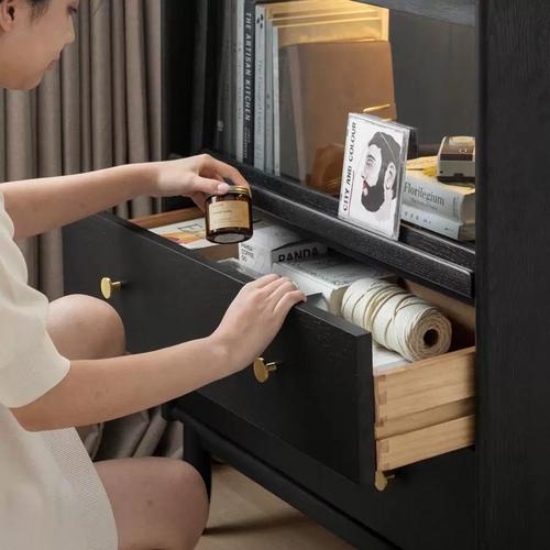 实木边柜客厅展柜示电视立柜翻门储柜沙doz发边柜黑色物家具